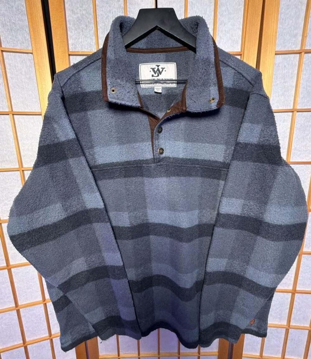 John Wayne Plaid Fleece Pullover Size XL Blue Brown Snap Collar